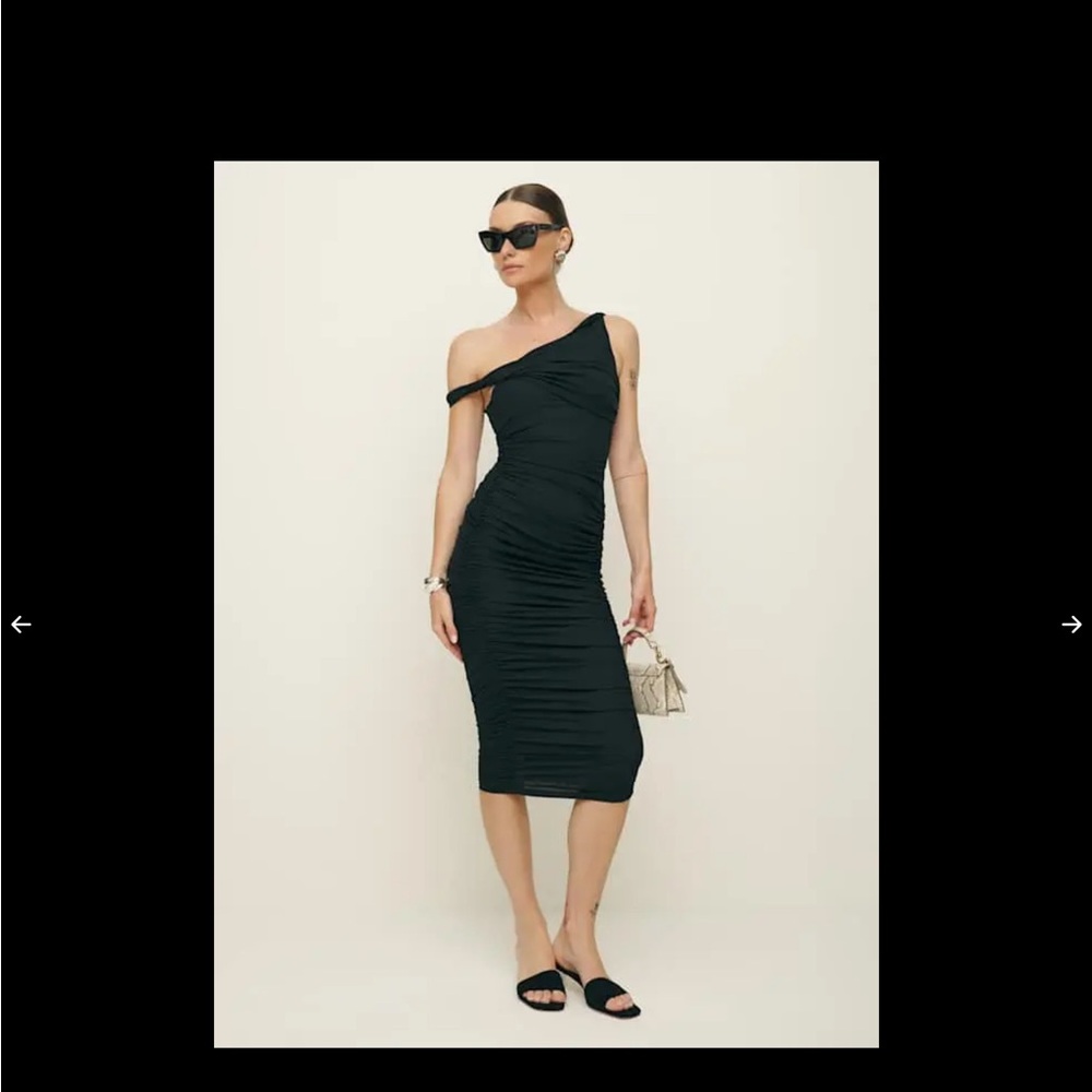 Reformation X LAURA HARRIER ALYCIA KNIT DRESS Black One-Shoulder Ruched Midi